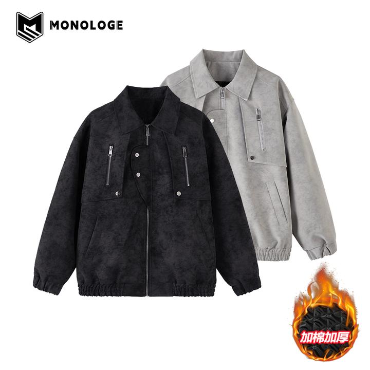 MONOLOGE【运费补贴】秋冬新款皮衣加棉外套男美式宽松潮牌夹克棉服