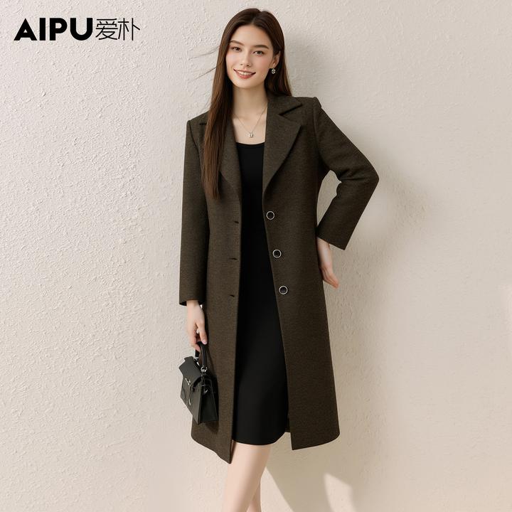 爱朴品牌大码女装秋冬新款时尚常规极简百搭显瘦中长款外套23422