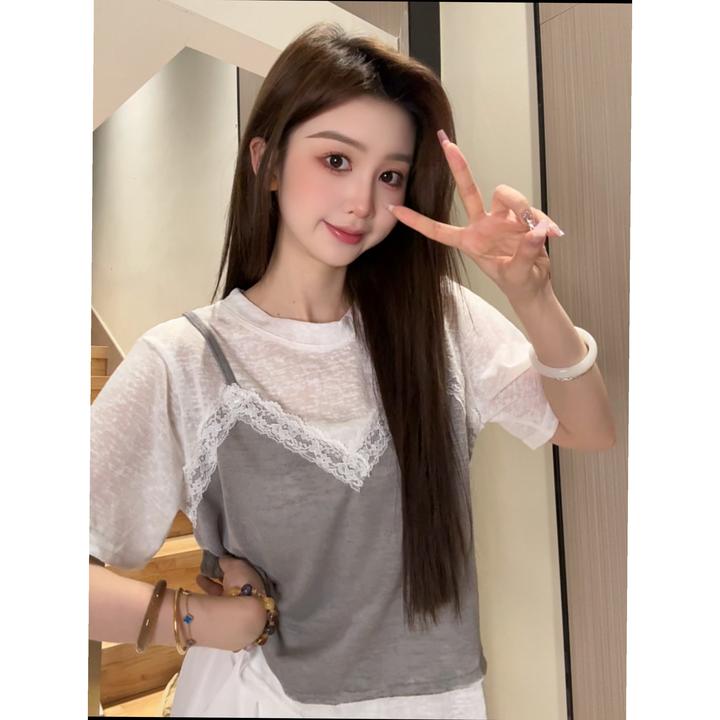 拼色蕾丝正肩短袖t恤女装夏季2025新款设计感小众短款假两件上衣