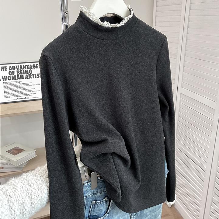 别致洋气半高领蕾丝拼接内搭上衣秋冬保暖慕斯绒打底衫长袖T恤女