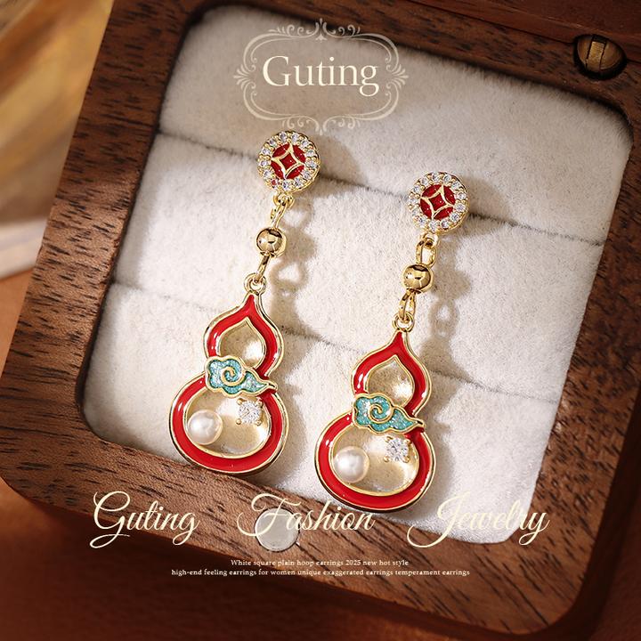 铜合金合成锆石耳饰 23555红色镂空葫芦耳坠耳环女高级感耳钉耳饰