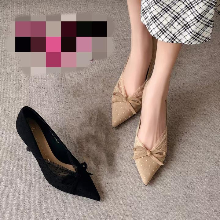 6厘米舒适不累脚韩版蝴蝶结高跟温柔纯色法式女鞋浅口单鞋26C1705