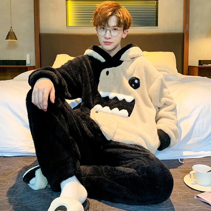 睡衣男冬季珊瑚绒加绒加厚长袖法兰绒青年卡通保暖大码家居服套装