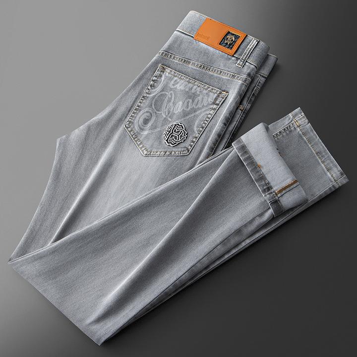 秋季潮流时尚弹力百搭烟灰色男士商务修身小直筒休闲百搭牛仔裤