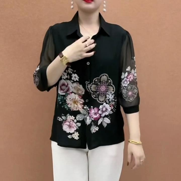 （有运费险）时尚洋气印花衬衫妈妈装2025春季新款宽松显瘦百搭上衣