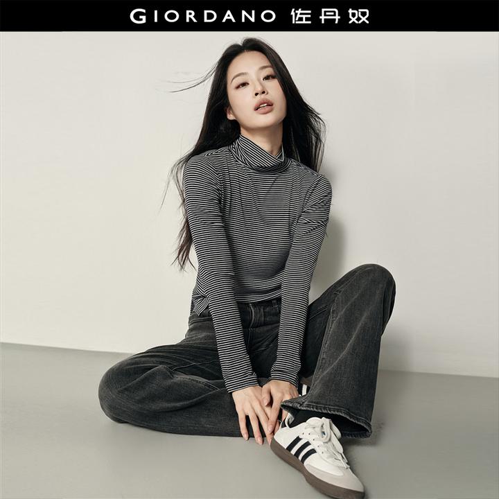 【韩国同款】佐丹奴女装新款条纹高领修身内搭长袖针织T恤 05325832