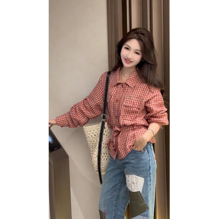 【灵砂红格】高级感轻奢减龄洋气上衣韩系时尚洋气红色格纹衬衫衬衣