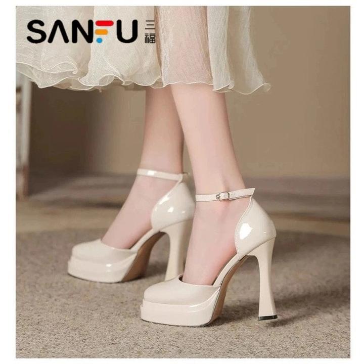 三福法式玛丽珍一字带婚鞋2025新款防水台性感高跟小个子高跟鞋女