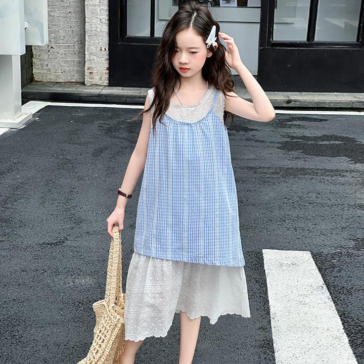 女童夏装假两件连衣裙2025新款中大童6-12岁洋气夏季无袖时髦裙子