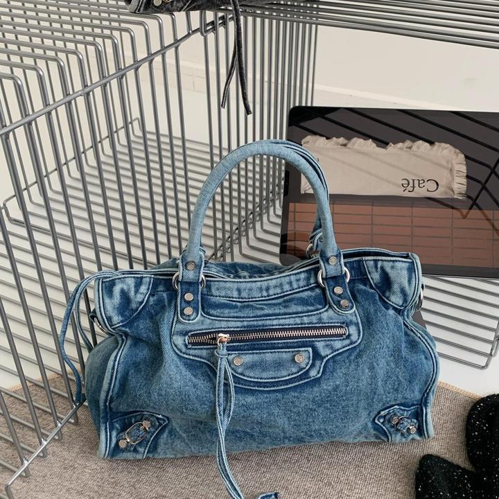 做旧水洗牛仔机车包包女铆钉小众复古个性托特包手提包单肩斜挎包
