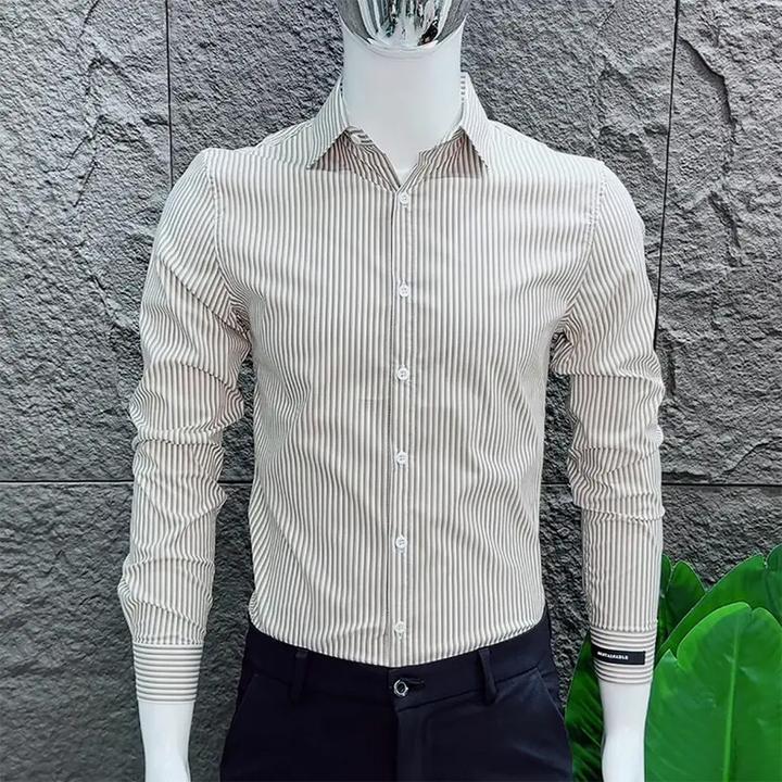 时尚条纹衬衣男士修身韩版潮流百搭打底衬衫显瘦休闲2025春秋薄款