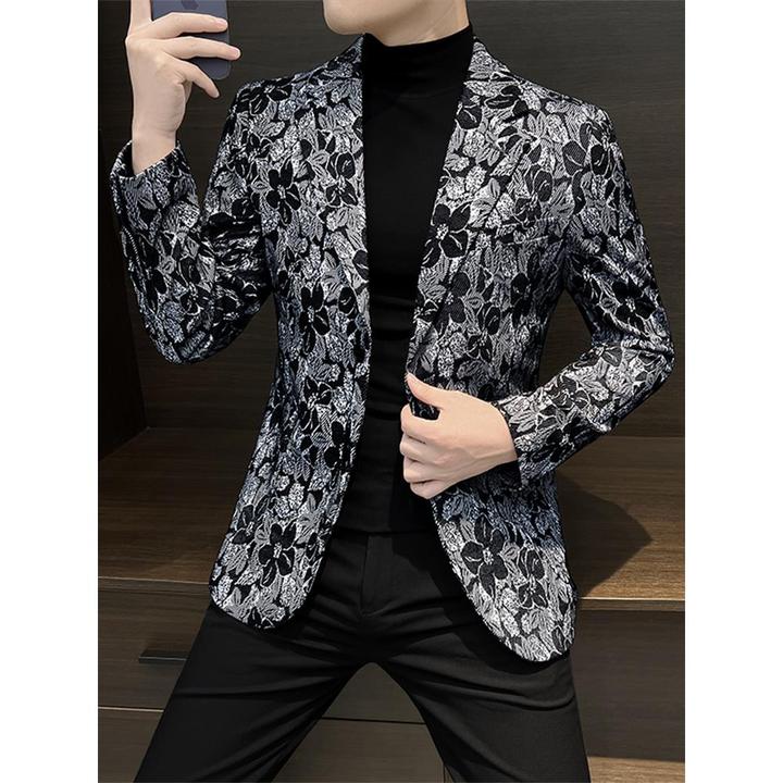 轻奢时尚百搭花西装外套男2025秋季高级感痞帅休闲修身印花西服