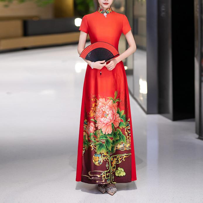 中国风走秀旗袍红色国风图案改良版立领短袖年轻款显瘦旗袍连衣裙