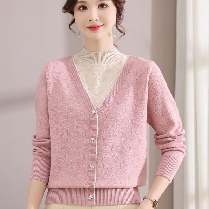 50-60假两件妈妈秋装打底小衫春秋毛衣中老年女洋气秋冬上衣针织