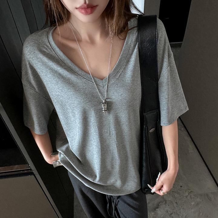 韩系v领正肩短袖t恤女夏季高级感慵懒风纯色百搭新款上衣