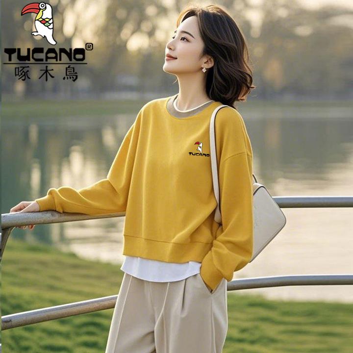 啄木鸟纯棉卫衣女款洋气中老年秋冬气质韩版大码宽松套头百搭上衣