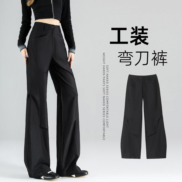 黑色弯刀工装裤女春秋高腰新款宽松复古美式休闲香蕉运动阔腿裤子