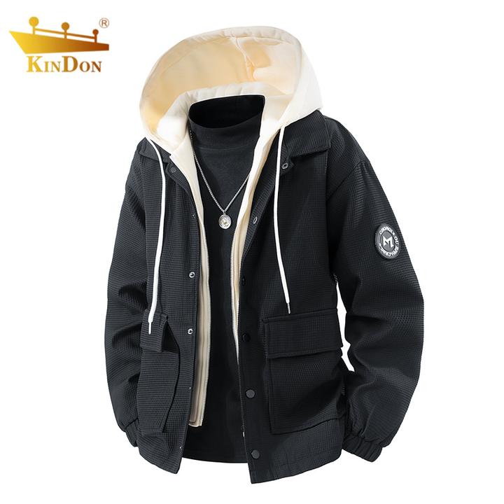 美式假两件潮流外套男士春秋季新款高街时尚宽松连帽工装上衣外套