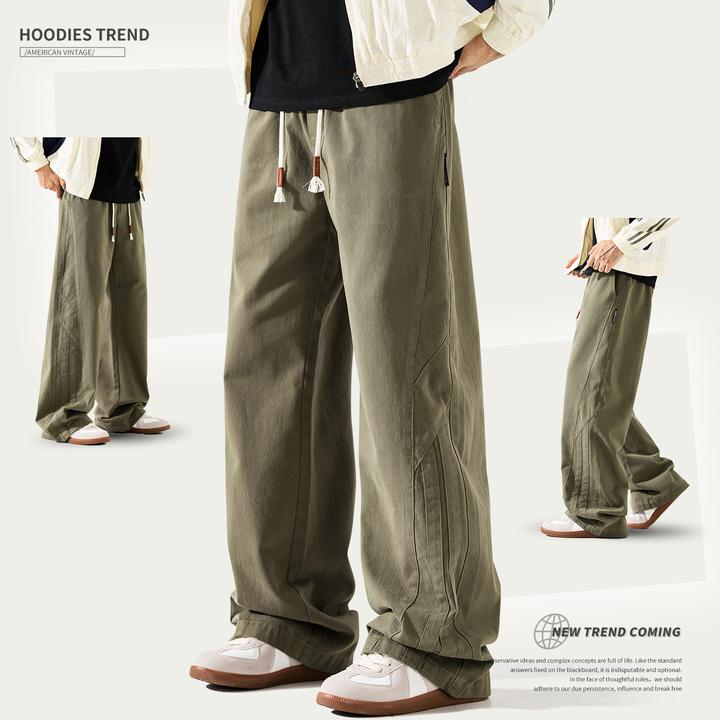 休闲裤男款2025新款春秋美式拼接做旧弯刀裤潮牌直筒复古工装裤男