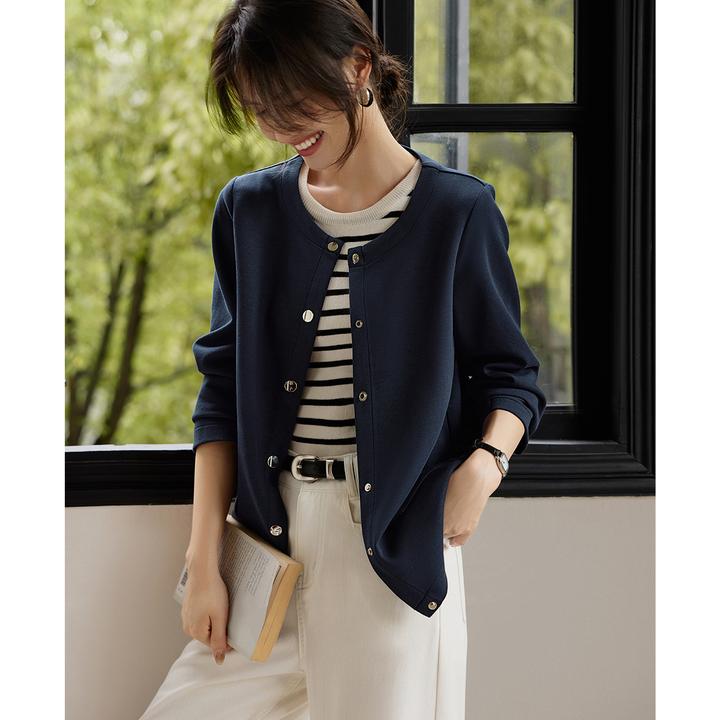 霍文萨列时尚气质休闲无领薄款外套女早秋正肩显瘦宽松短款上衣