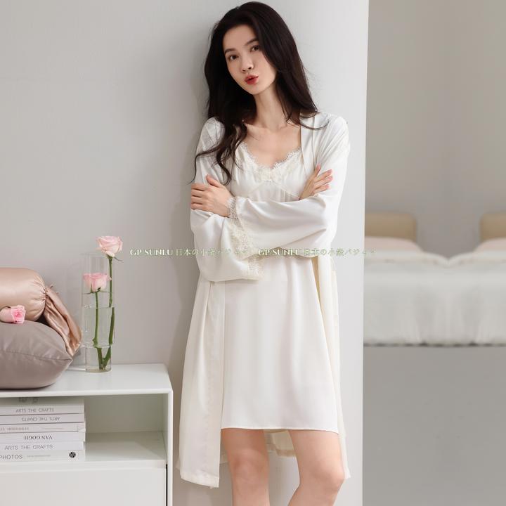 GPSUNLU性感睡裙两件套装女士轻奢春夏长袖薄款吊带冰丝家居服