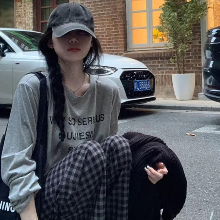 2025新品灰色慵懒字母印花长袖圆领套头宽松显瘦百搭休闲T恤