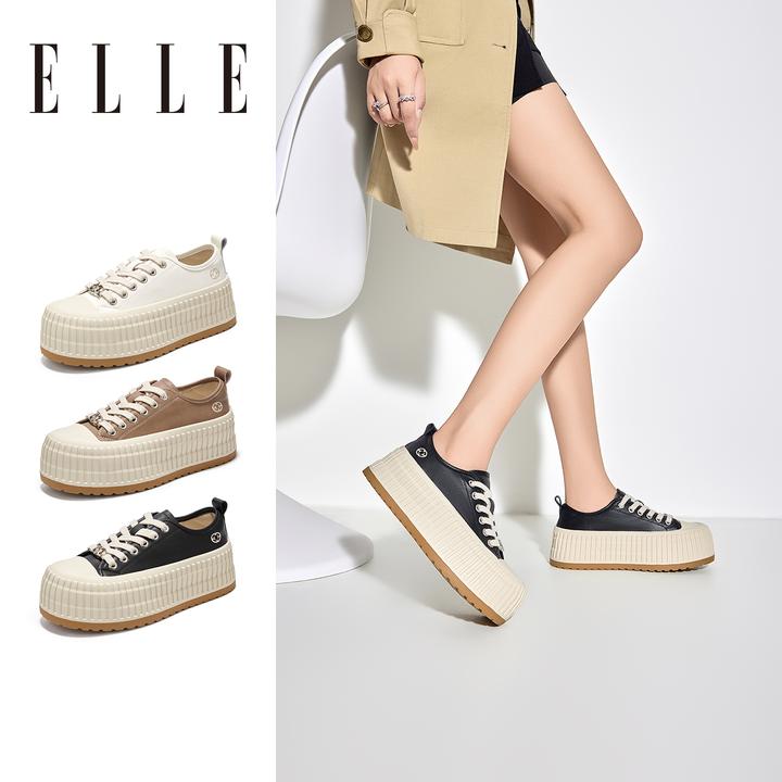 ELLE厚底饼干鞋女鞋子2025新款冬季增高松糕鞋休闲板鞋真皮小白鞋