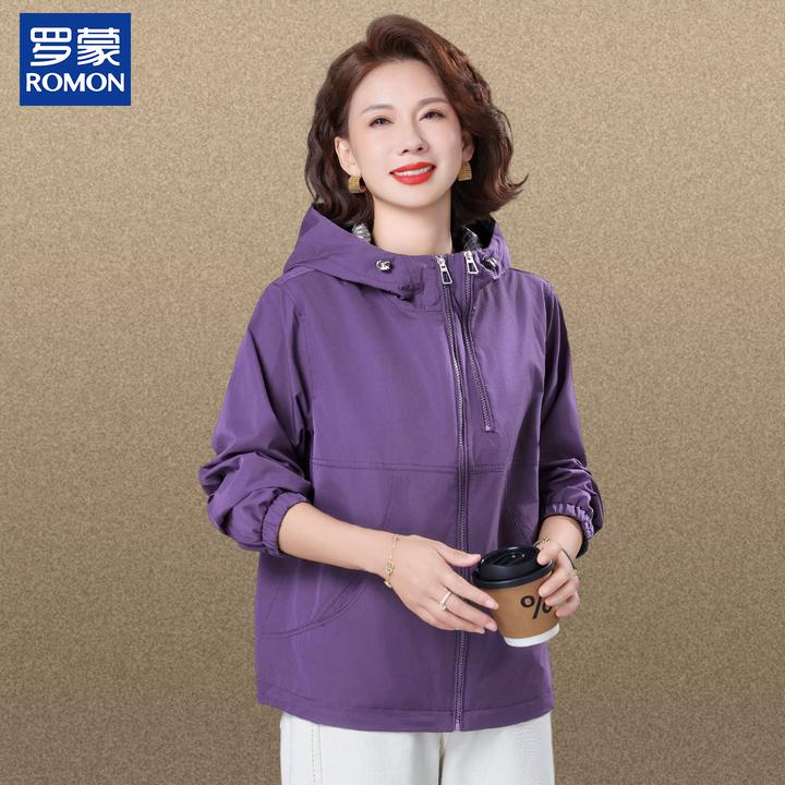 罗蒙时尚气质春秋款妈妈装中年女连帽纯色上衣中老年女春秋季外套