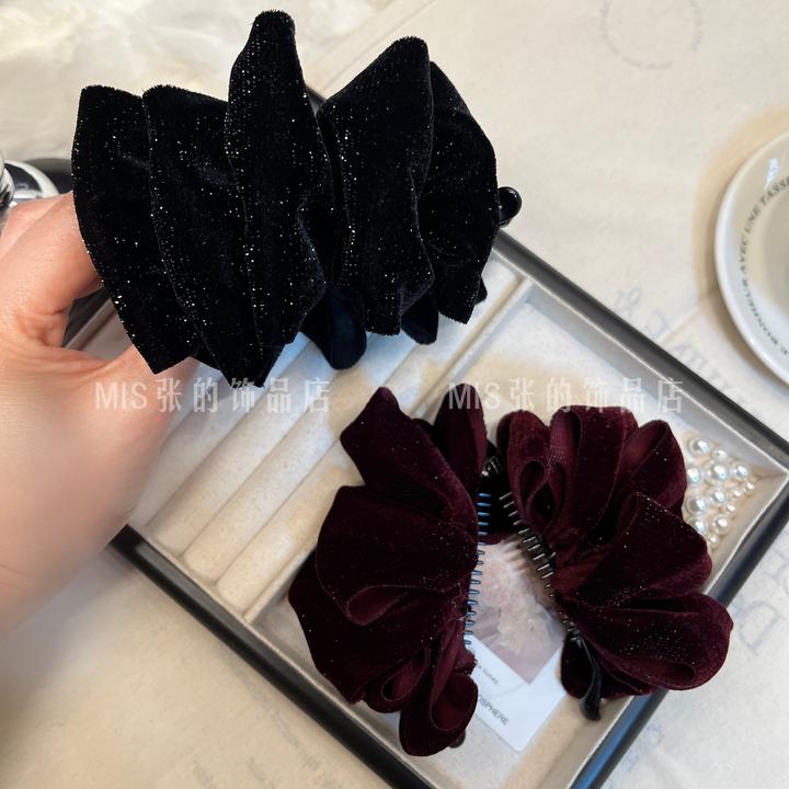帛妃  宫廷发夹细闪黑色丝绒蝴蝶结香蕉夹百搭简约蓬松显发量