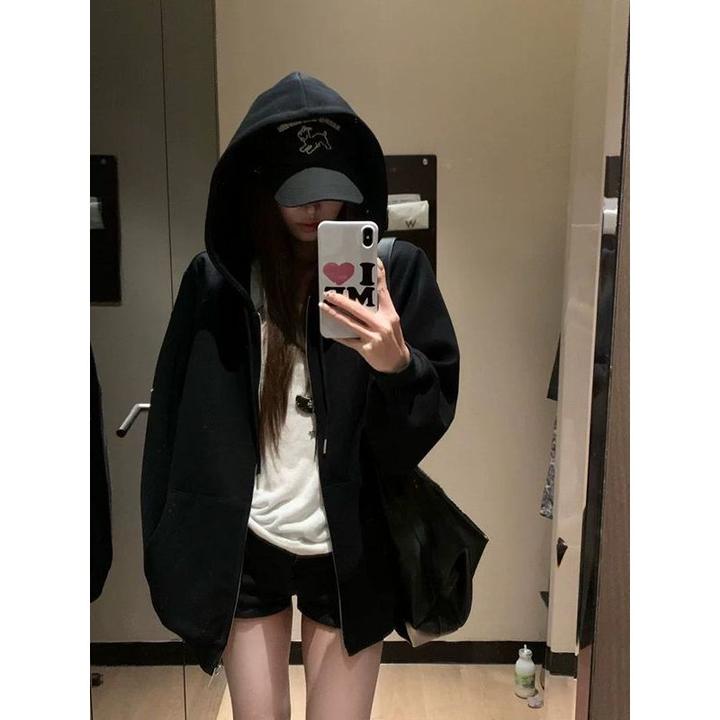 美式连帽卫衣外套女2025秋季新款慵懒风宽松中长款纯色长袖上衣潮
