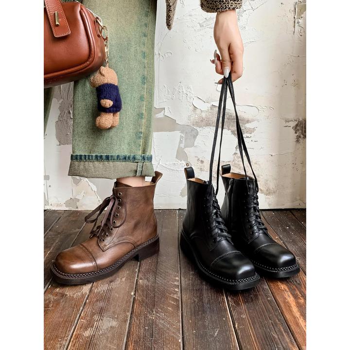 度卡奴覆古方头厚底粗跟马丁靴女2025新款英伦风机车短靴子