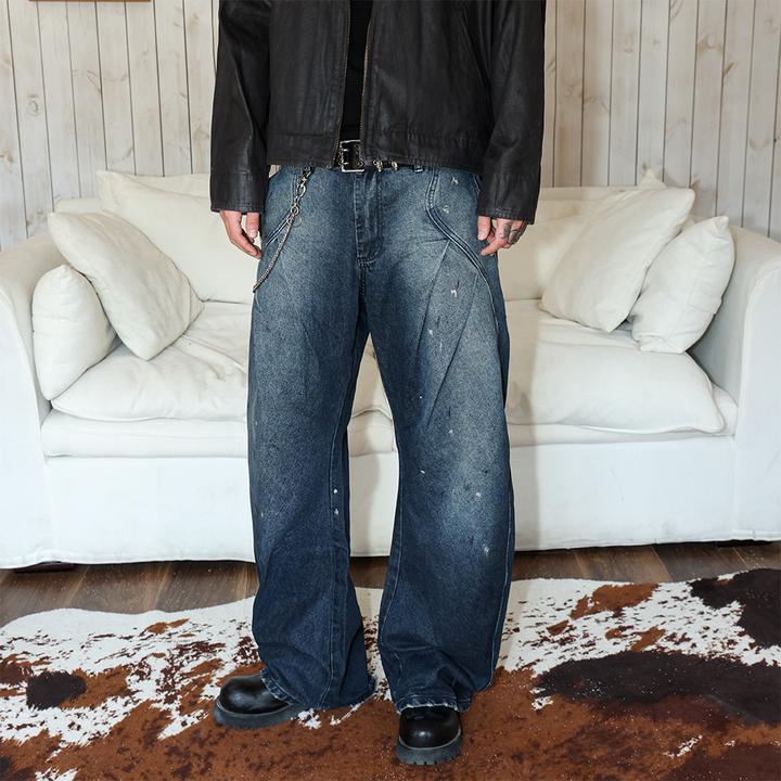 SouthTeenager美式渐变泼墨水洗牛仔裤男褶皱设计街头堆积感裤子