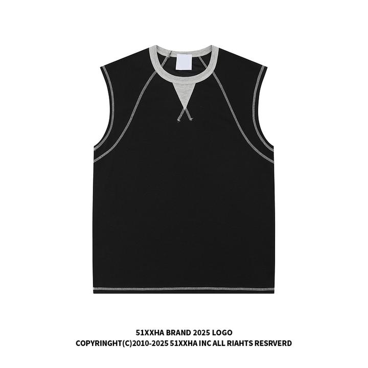 51嘻哈潮牌缝线设计感无袖T恤美式复古男女宽松运动健身圆领背心