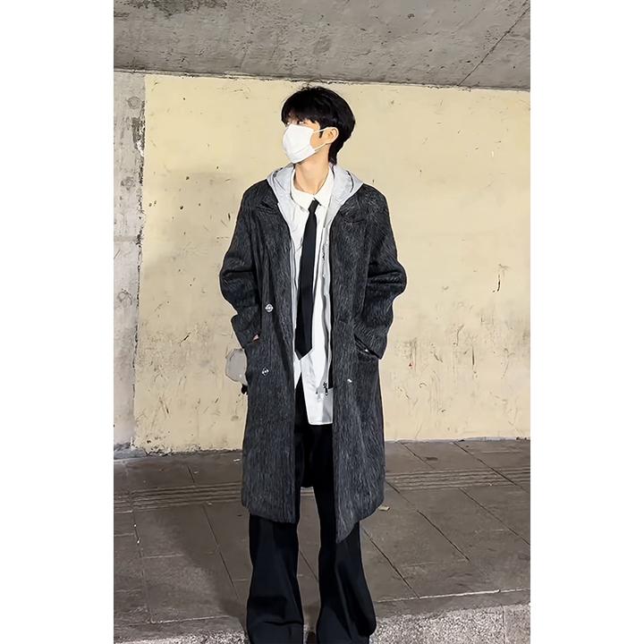 假两件连帽毛呢大衣男2025秋冬季宽松中长款过膝休闲呢子风衣外套