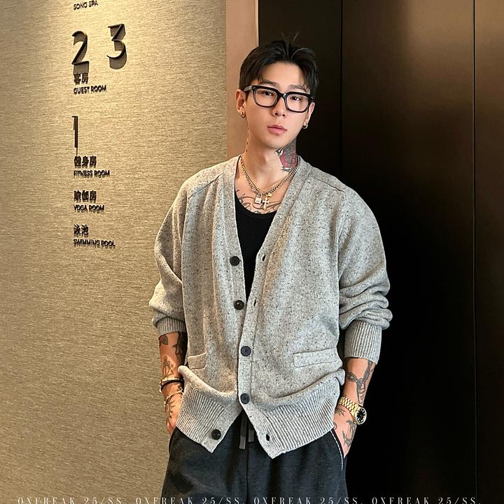 OXFREAK「定制花纱 老钱风」羊毛混纺v领开衫毛衣男慵懒感针织衫