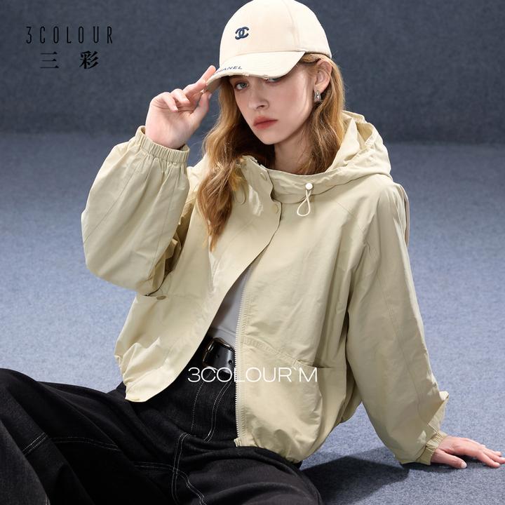 三彩2025秋季新款休闲连帽拉链外套宽松廓形开衫简约复古M