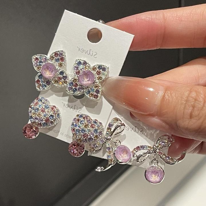 铜合金锆石耳饰 韩国时尚925银针银色彩爱心蝴蝶结幸运草耳钉春夏