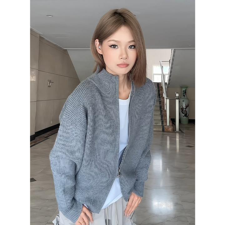 纯色立领毛衣外套男款秋冬季夹克拉链开衫宽松美式休闲潮牌针织衫