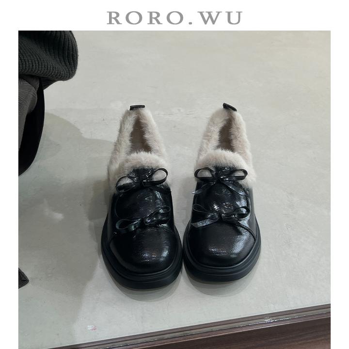 娆娆吴·减龄头层羊皮加绒蝴蝶结小皮鞋冬季新款粗跟乐福鞋女X12