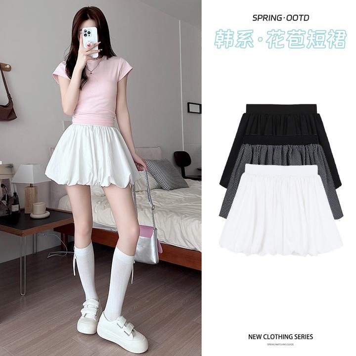 撞色格子花苞裙小个子半身短裙女2025春夏季高腰防走光蓬蓬裙