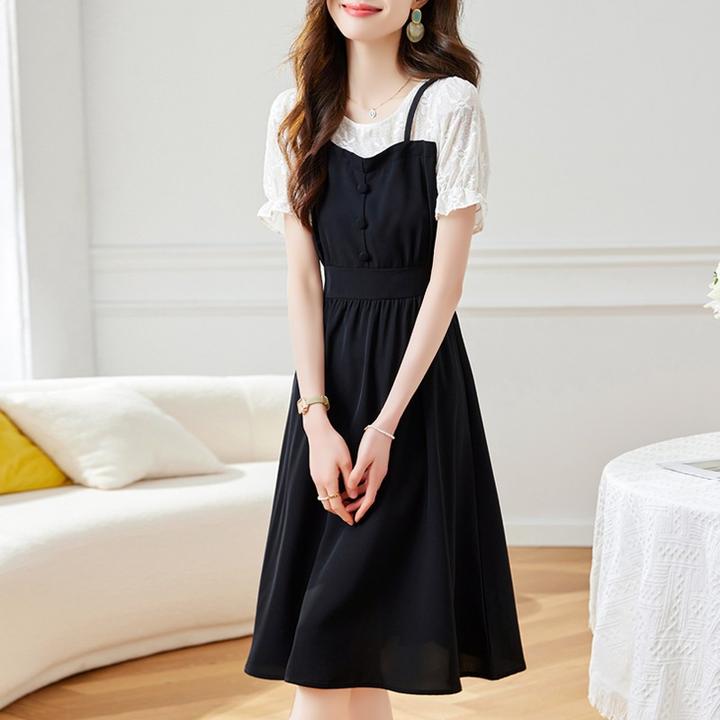 假两件吊带连衣裙女2025夏季新款法式气质收腰显瘦中长裙子小个子