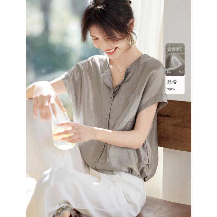 XWI/欣未高智慵懒醋酸衬衫2025夏新款轻休闲清爽轻薄亲肤短袖5554