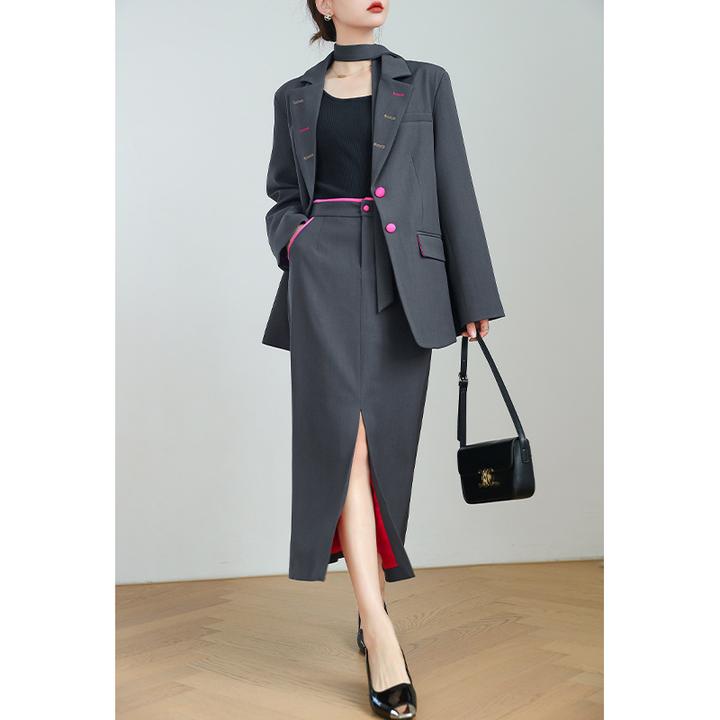 春秋季时尚西服套装女宽松显瘦百搭修复外套高腰半身裙港风两件套