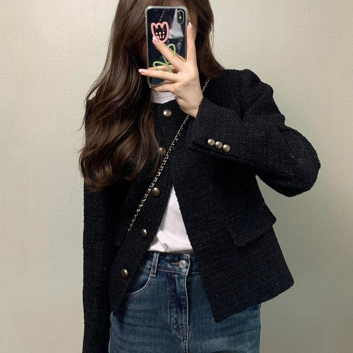 商场同款爆款2025春秋新款黑色气质高级感短款法式小香风外套女装