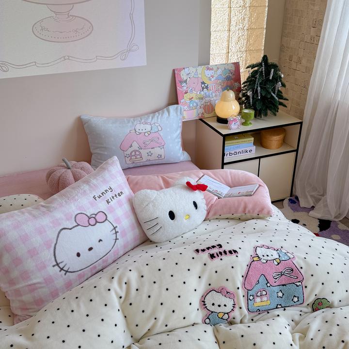 混搭波点少女心可爱卡哇伊秋冬加厚牛奶绒毛巾绣四件套-猫咪小屋