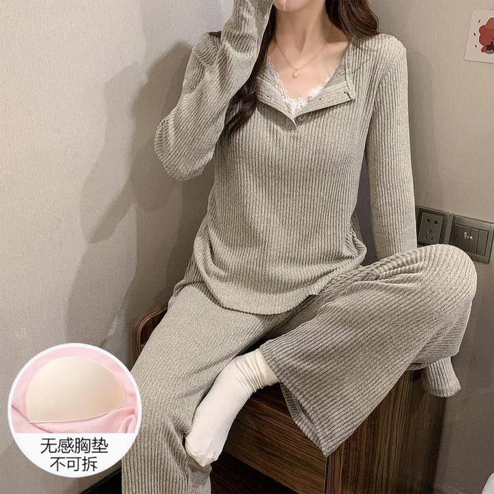 睡衣女秋冬季长袖保暖带胸垫2025新款大码高级灰色套装春天家居服