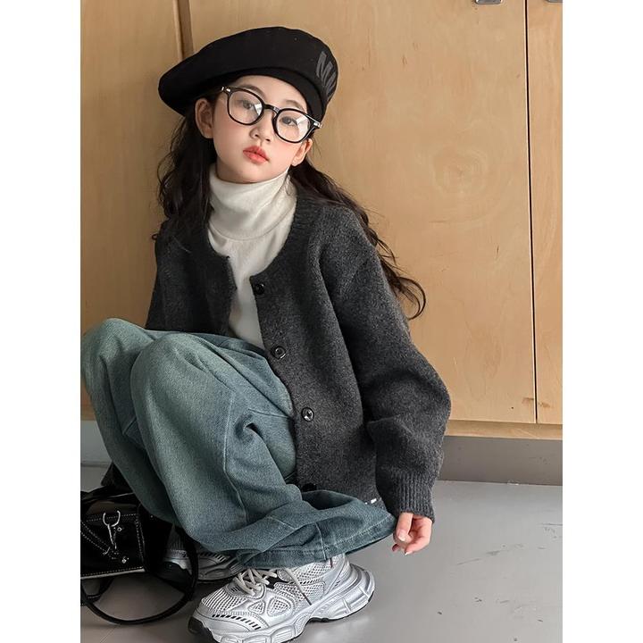 女童针织开衫2025新款儿童灰色毛衣西式春装上衣大儿童春秋韩式上
