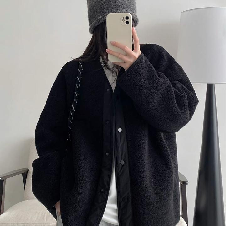 韩系无领极简风羊羔毛外套·25192