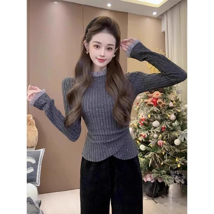 灰色细闪蕾丝感拼接花边针织衫女2024新款秋冬复古长袖针织上衣潮
