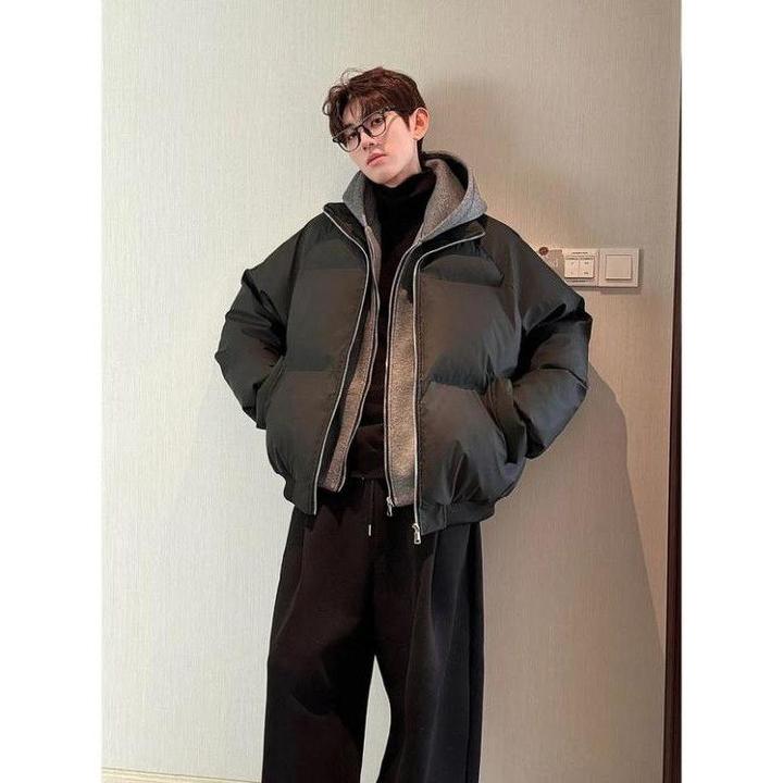 【陆九专属】PU皮假两件连帽夹克棉服男冬美式短款加厚保暖棉衣外套